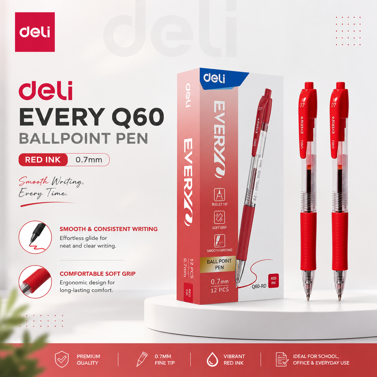 Deli Every Q60 Ballpoint Pen – 0.7mm (Blue / Black / Red)