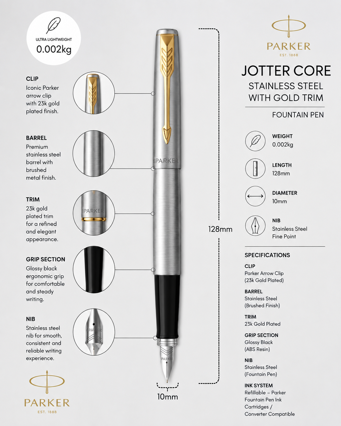 Parker Jotter Core Fountain Pen – Stainless Steel with Gold Trim | Premium Fountain Pen