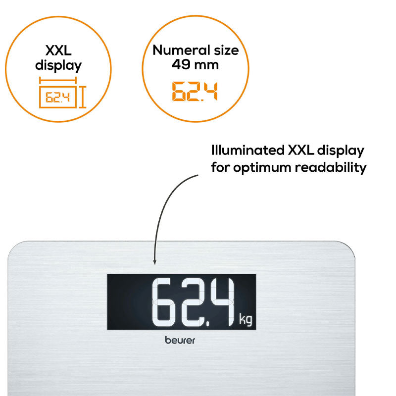 Beurer GS 405 digital bathroom scale, stainless steel weighing scale, additional angle