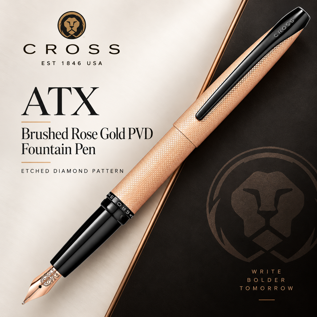 Cross ATX Brushed Rose Gold PVD Fountain Pen – Etched Diamond Pattern | 886-42