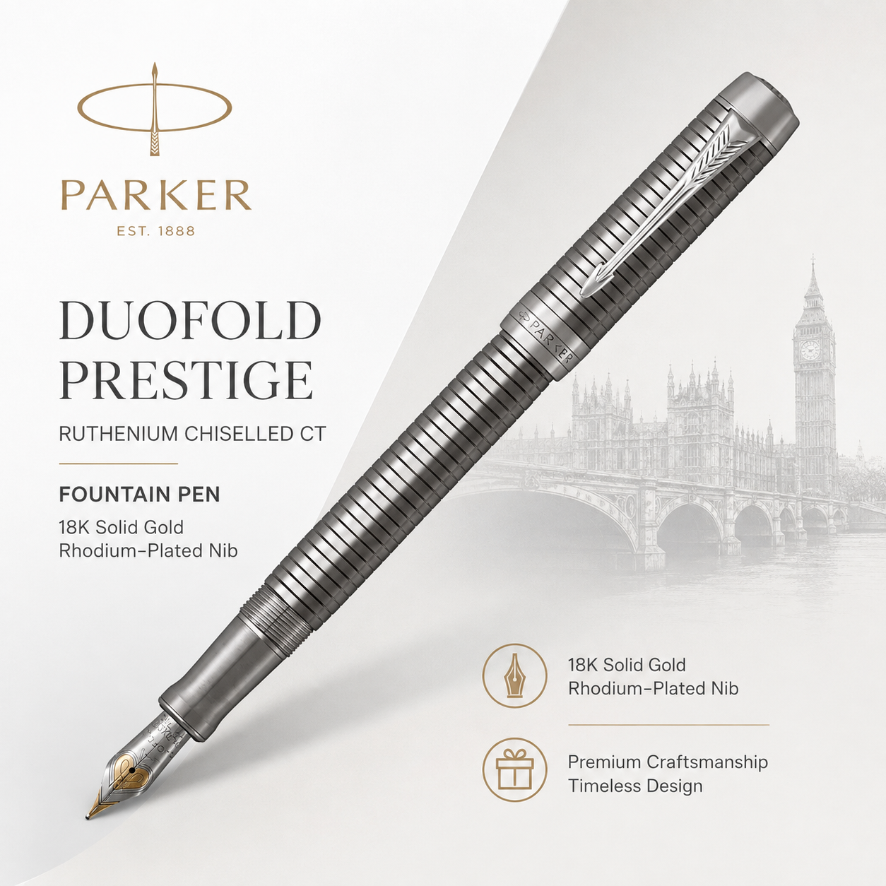 Parker Duofold Prestige Ruthenium Chiselled CT Fountain Pen – 18K Solid Gold Rhodium-Plated Nib