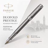 Parker Duofold Prestige Ruthenium Chiselled CT Fountain Pen – 18K Solid Gold Rhodium-Plated Nib