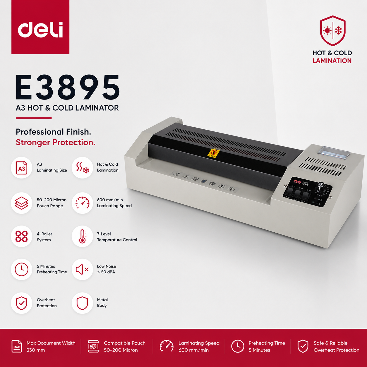 Deli E3895 A3 Hot & Cold Laminator – 50–200 Micron | 4-Roller | 600mm/min