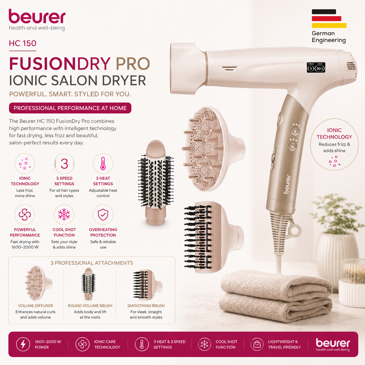 Beurer HC 150 FusionDry Pro ionic salon hair dryer, blow dryer styling tool
