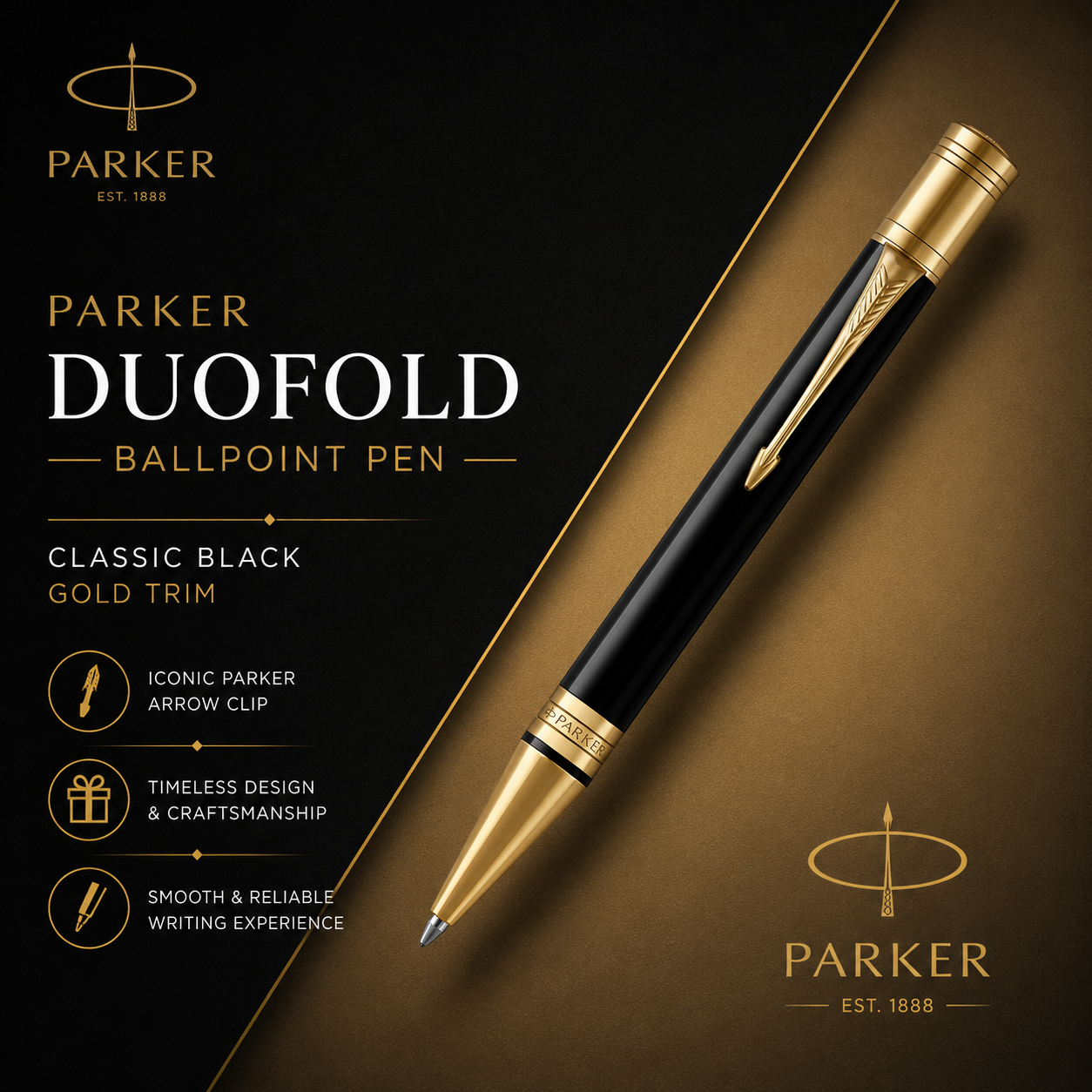 Parker Duofold Ballpoint Pen — Classic Black | Gold Trim | Medium Point