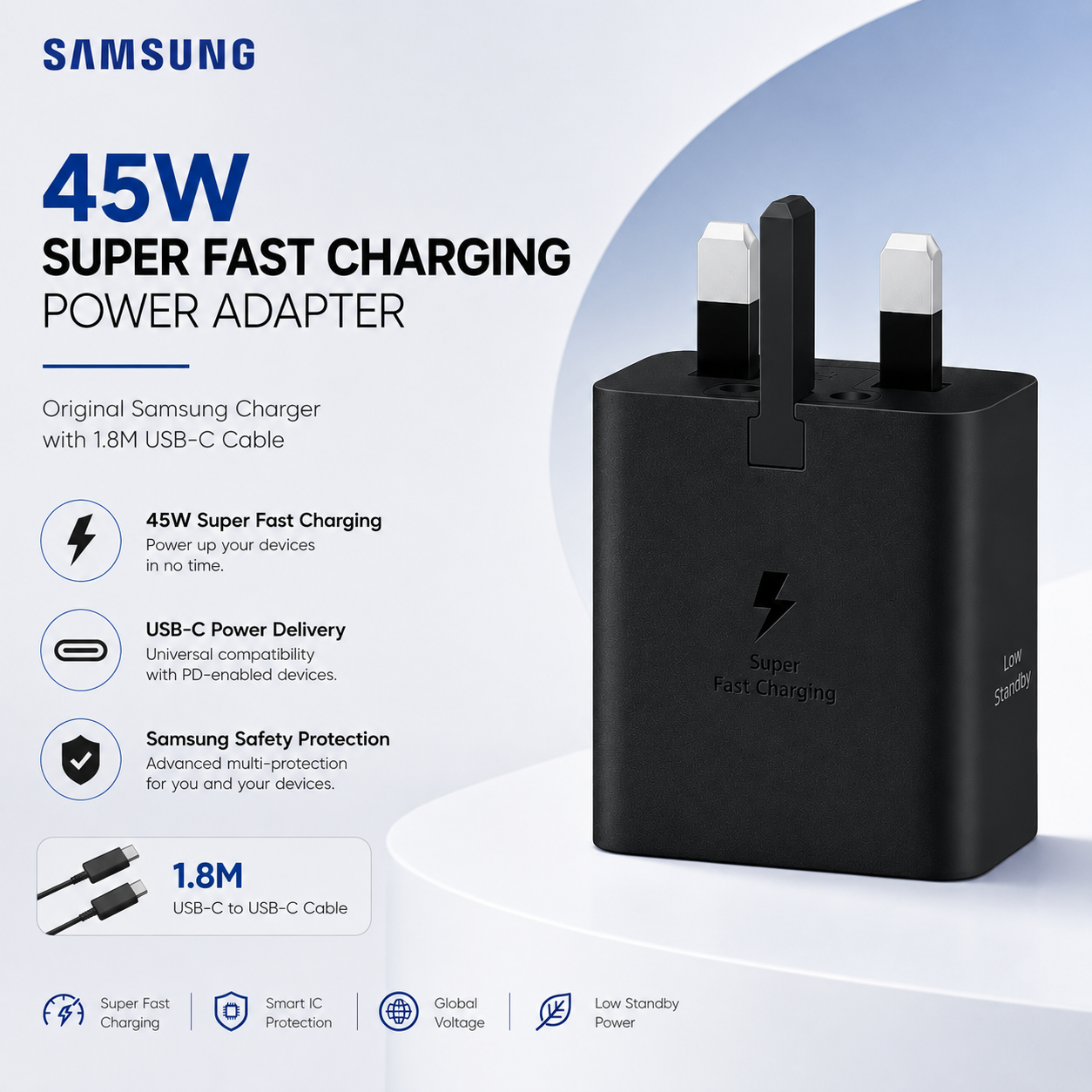 Samsung 45W Super Fast Charging Power Adapter (Original) – USB-C PD Charger with 1.8M Cable