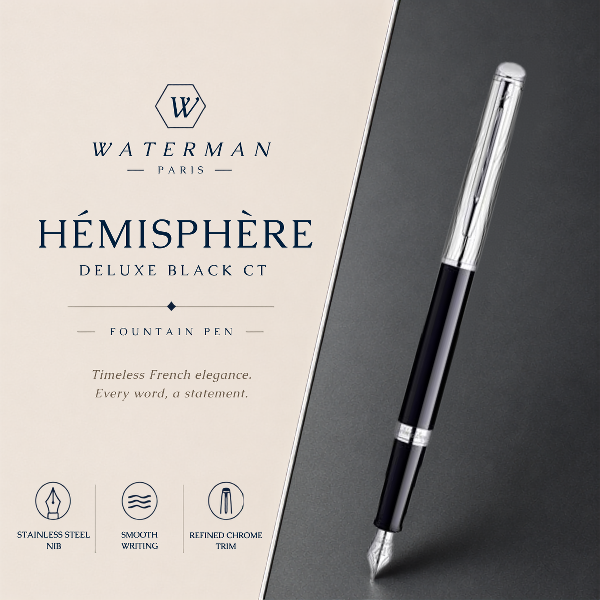 Waterman Hémisphère Deluxe Fountain Pen – Black with Chrome Trim