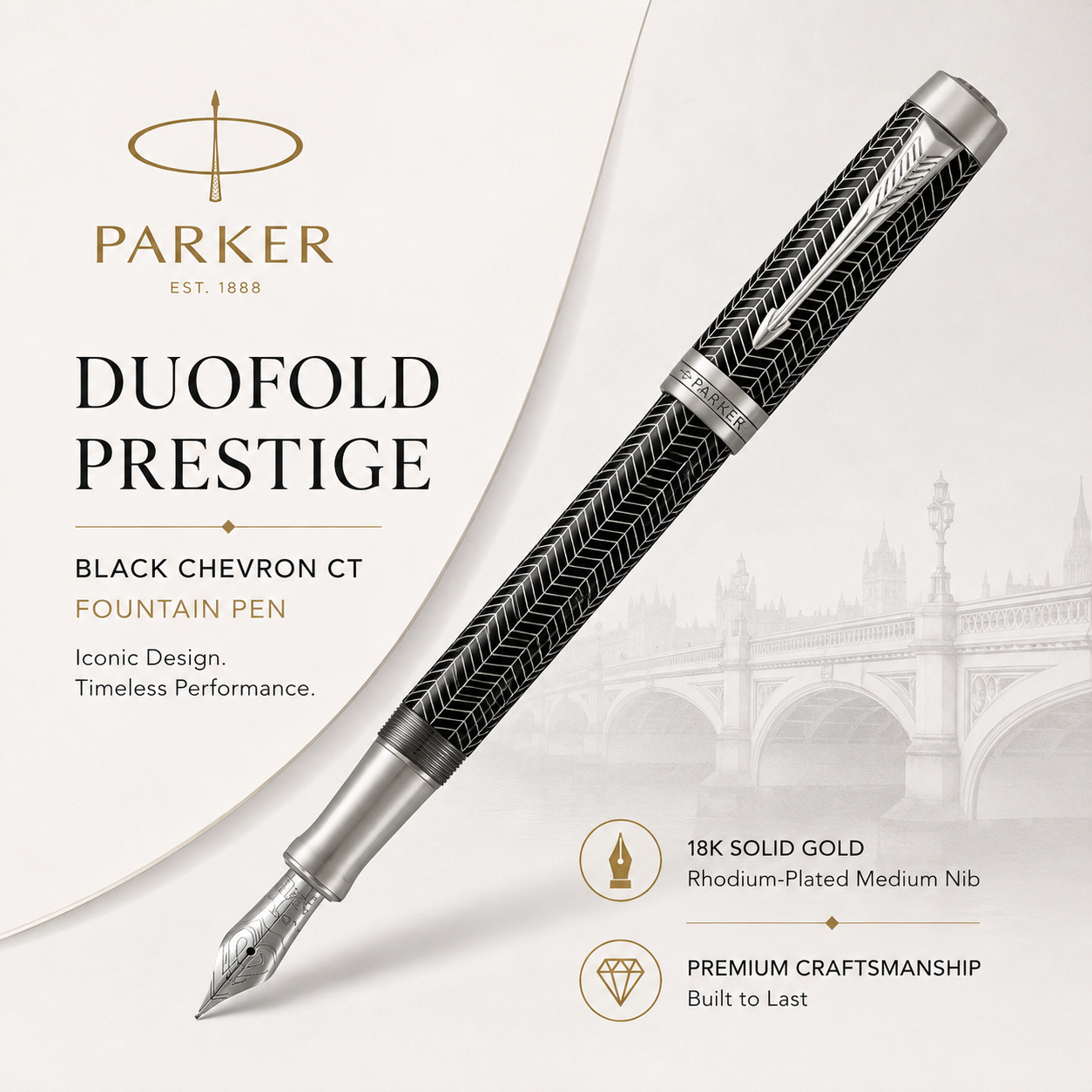Parker Duofold Prestige Black Chevron CT Fountain Pen - 18K Solid Gold Rhodium-Plated Medium Nib