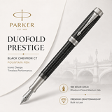 Parker Duofold Prestige Black Chevron CT Fountain Pen - 18K Solid Gold Rhodium-Plated Medium Nib