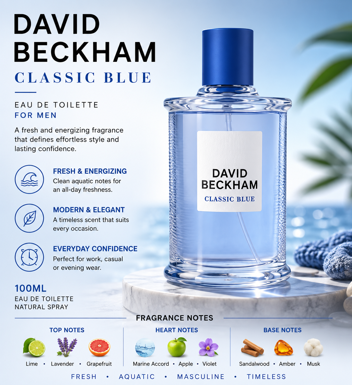 David Beckham Classic Blue Eau de Toilette for Men – 100ml