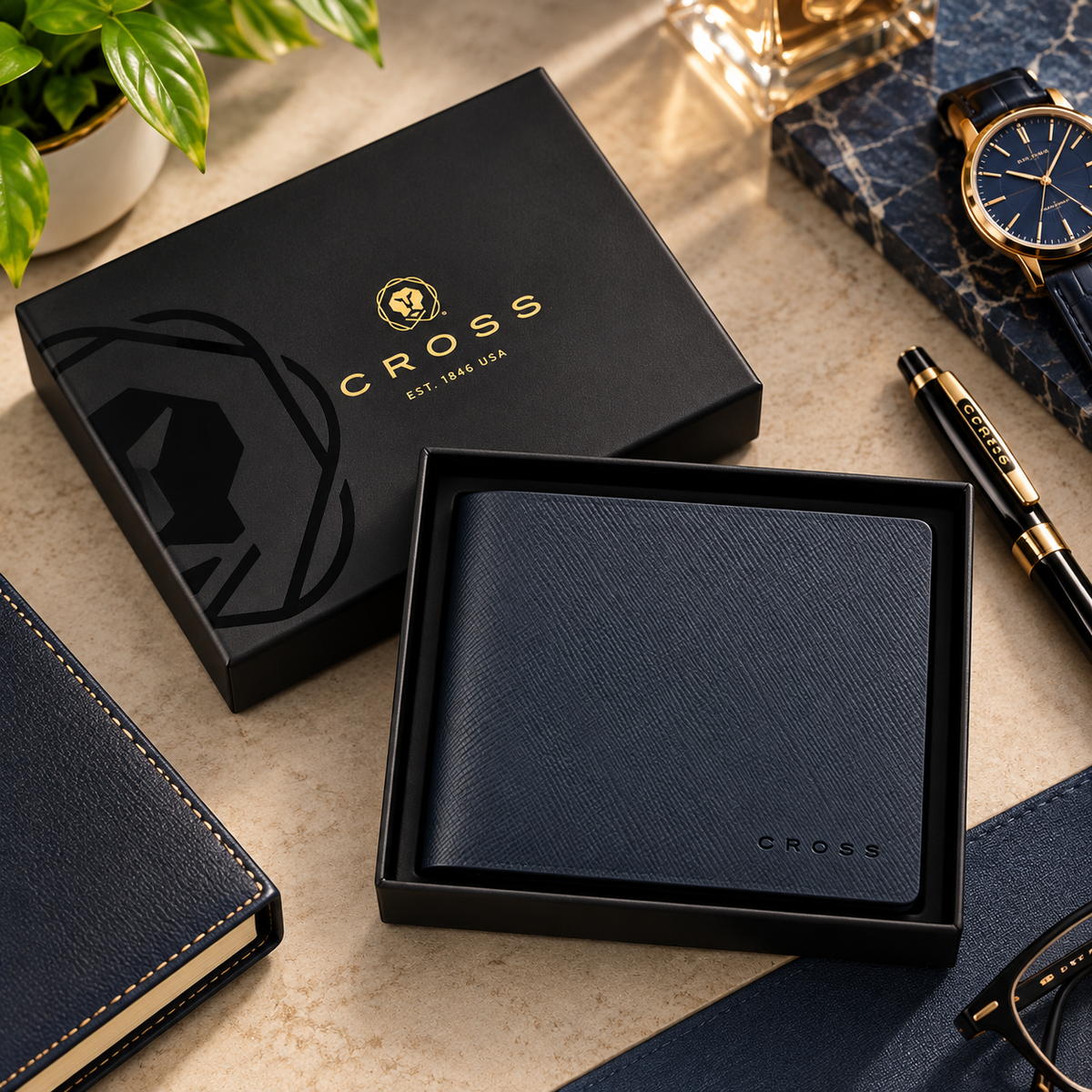 Cross Saffiano Leather 4CC Bifold Wallet with Coin Pocket - Navy Blue