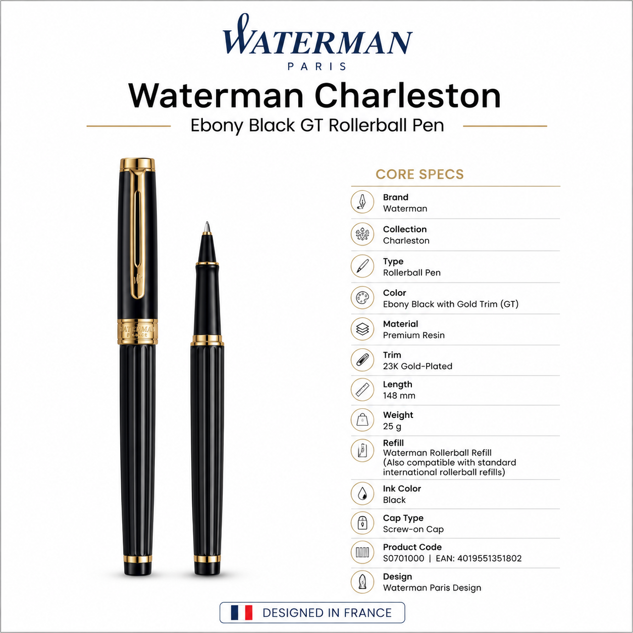 Waterman Charleston Ebony Black GT Rollerball Pen