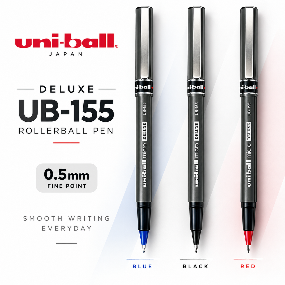 Uni-Ball Deluxe UB-155 Rollerball Pen 0.5mm – Blue, Black & Red | Pack of 3 & 6