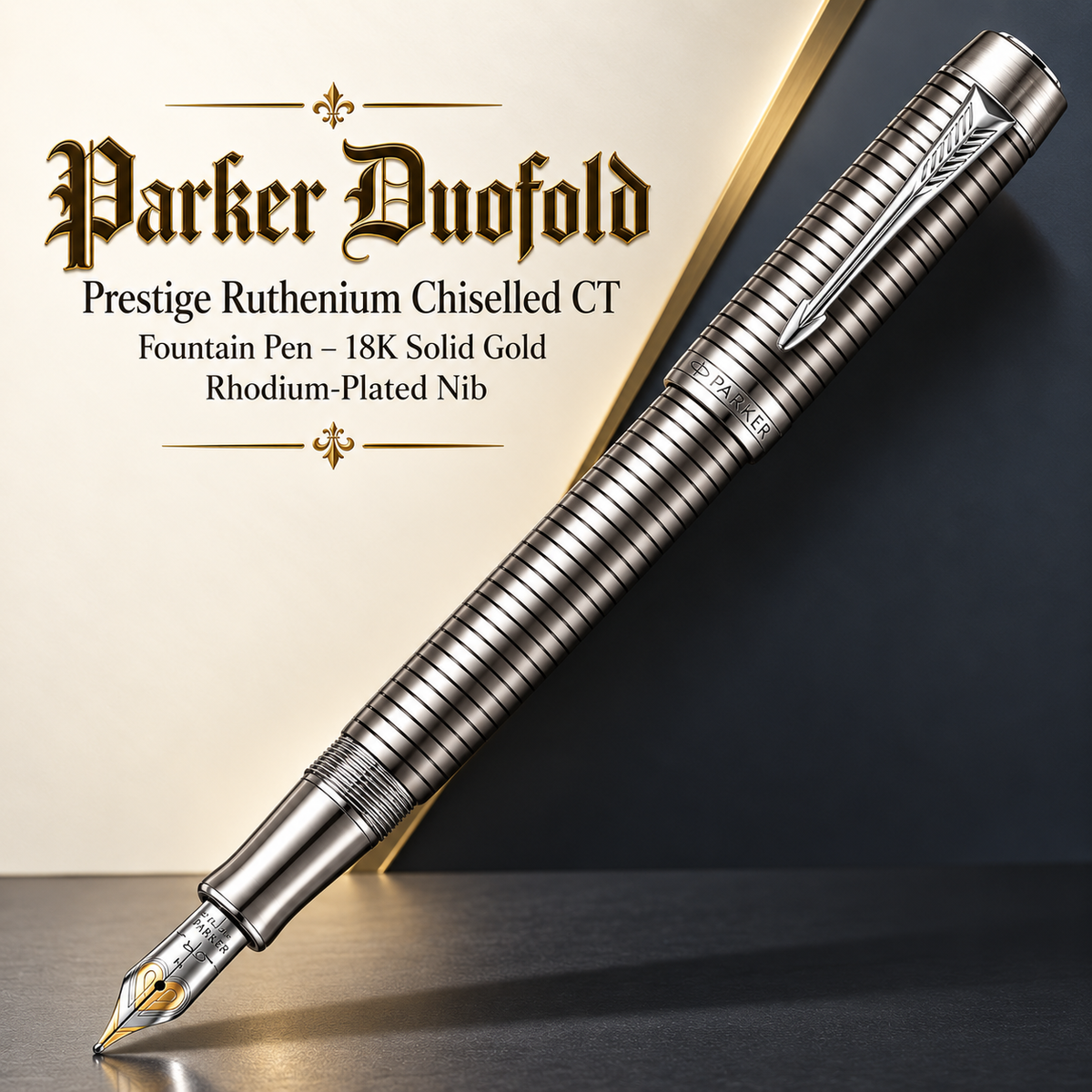 Parker Duofold Prestige Ruthenium Chiselled CT Fountain Pen – 18K Solid Gold Rhodium-Plated Nib