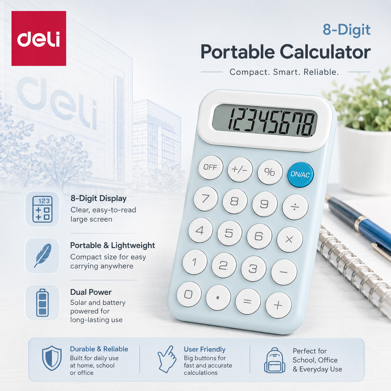 Deli 8-digit compact portable calculator for office and school