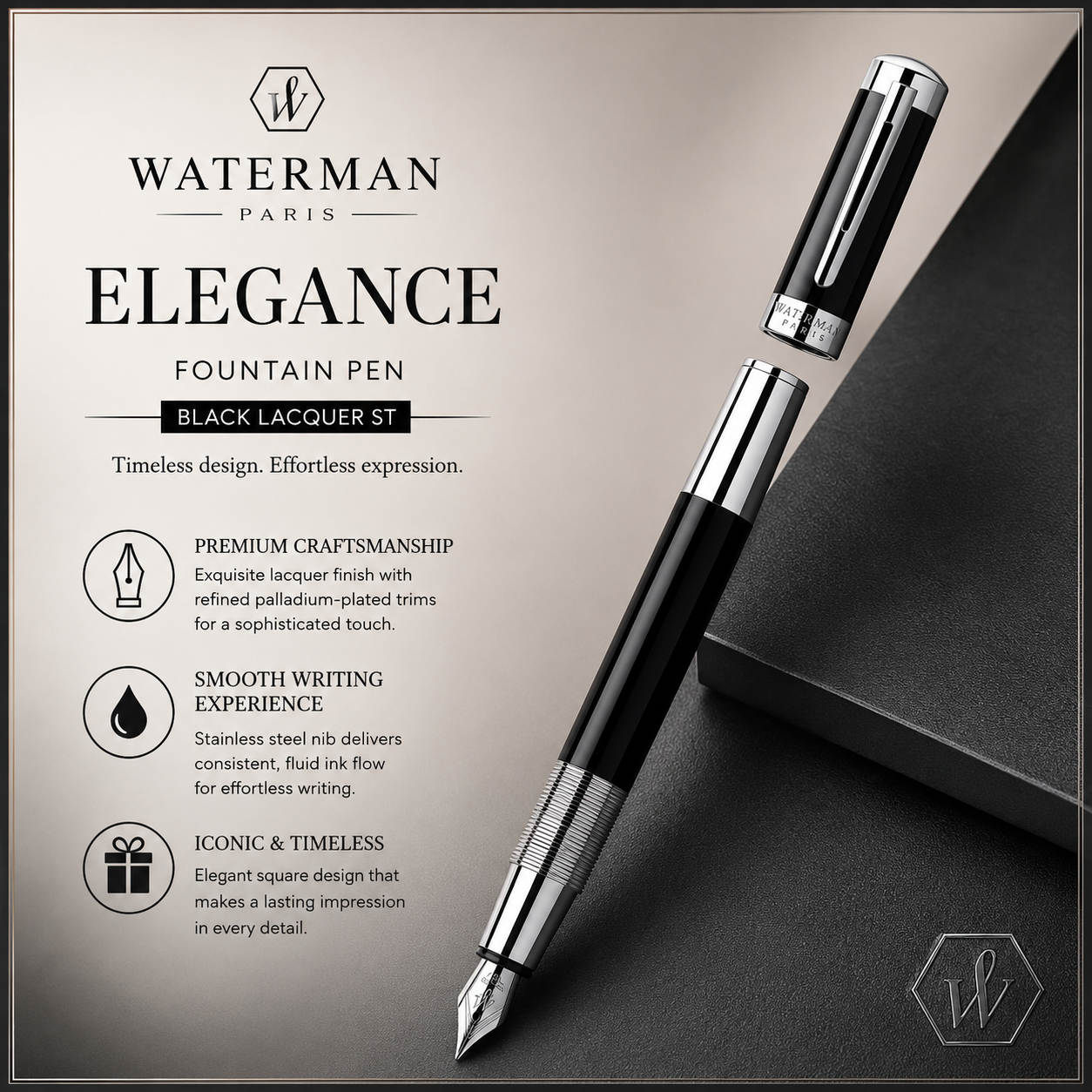 Waterman Elegance Fountain Pen – Black Lacquer ST | French Craftsmanship