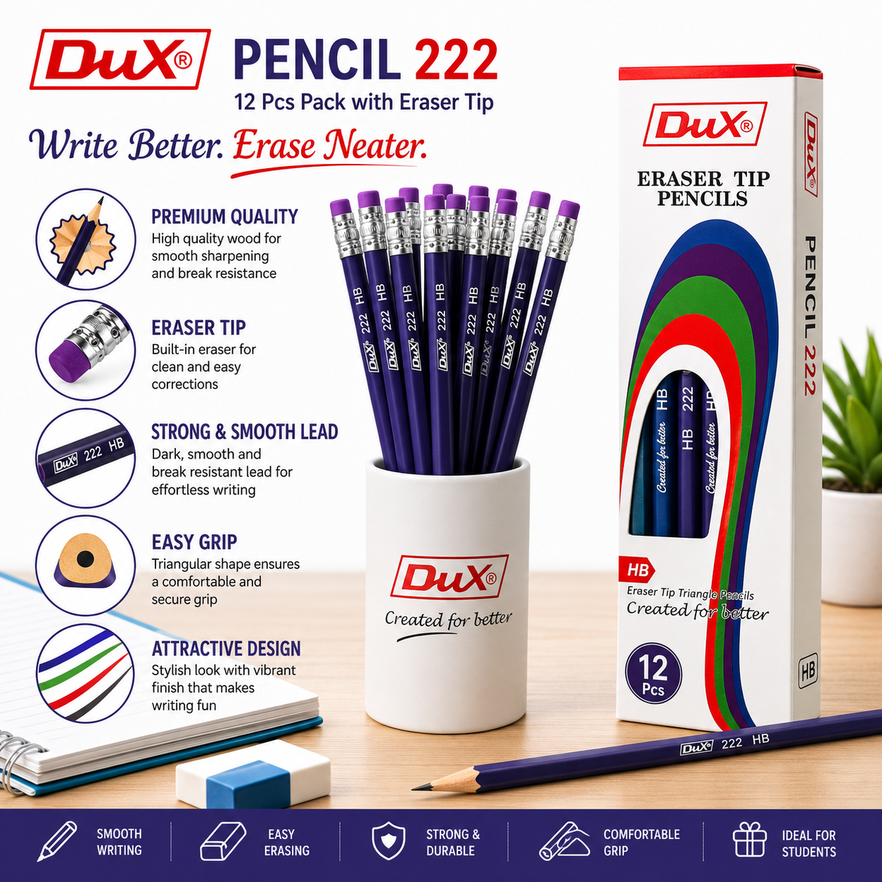 DUX Pencil 222 – 12 Pcs Pack with Eraser Tip