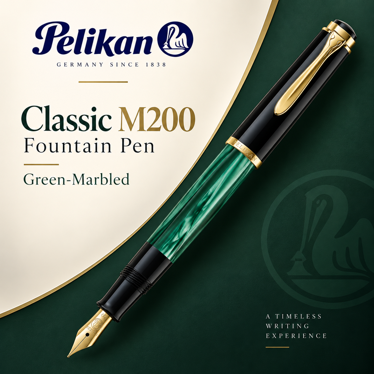 Pelikan Classic M200 Fountain Pen – Green-Marbled | Medium Nib