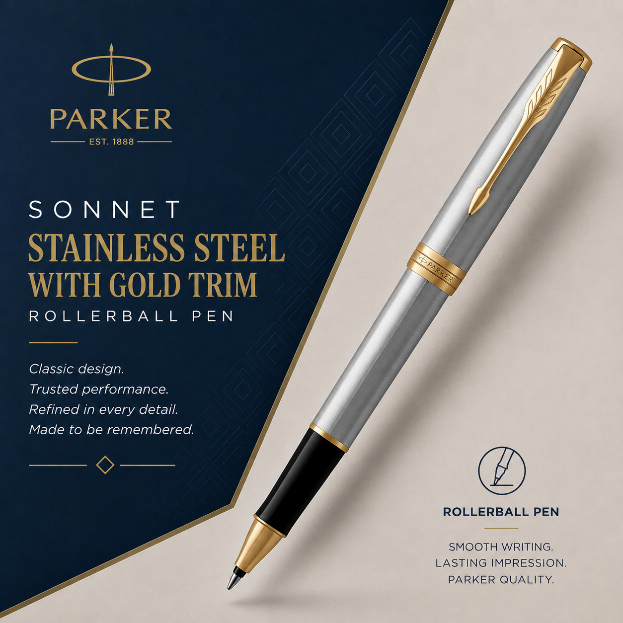 Parker Sonnet Rollerball Pen – Stainless Steel with Gold Trim