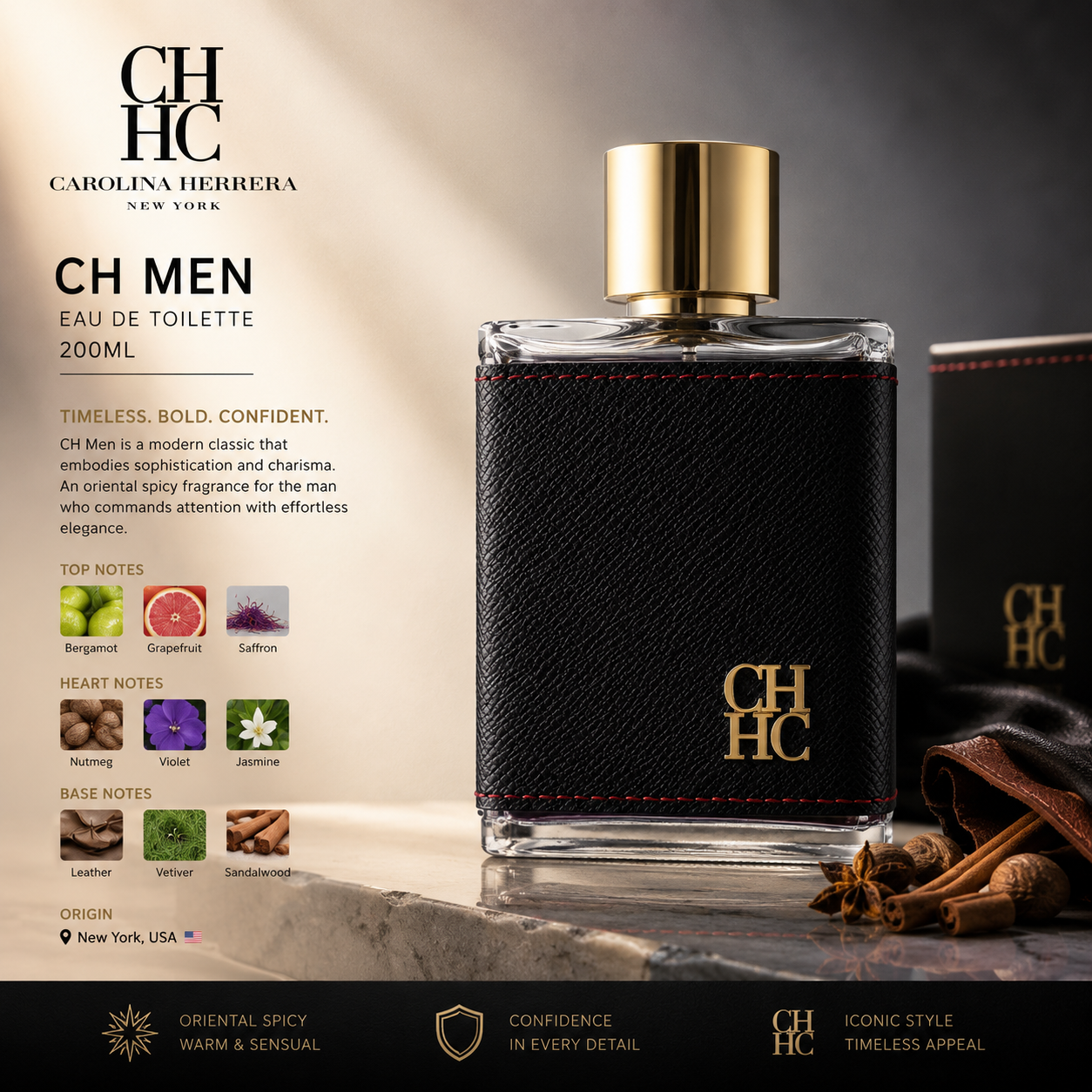 Carolina Herrera CH Men Eau de Toilette – 200ml | Oriental Spicy Fragrance