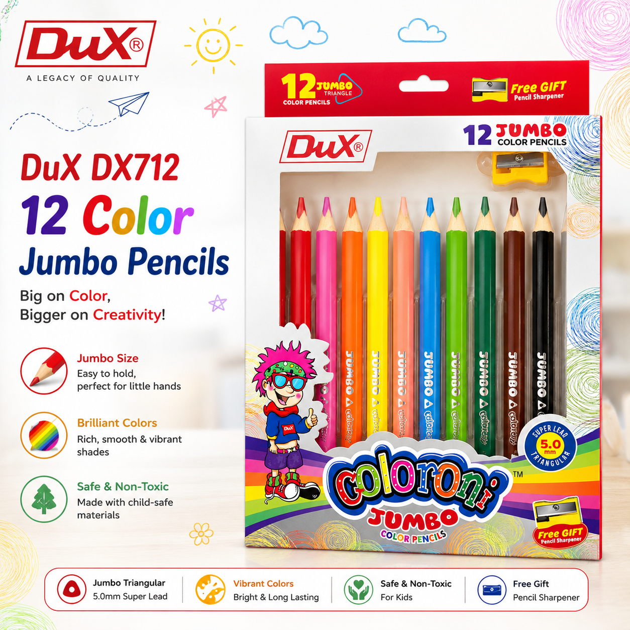DuX Coloroni Jumbo Triangle Color Pencils – 12 Colors | DX-712
