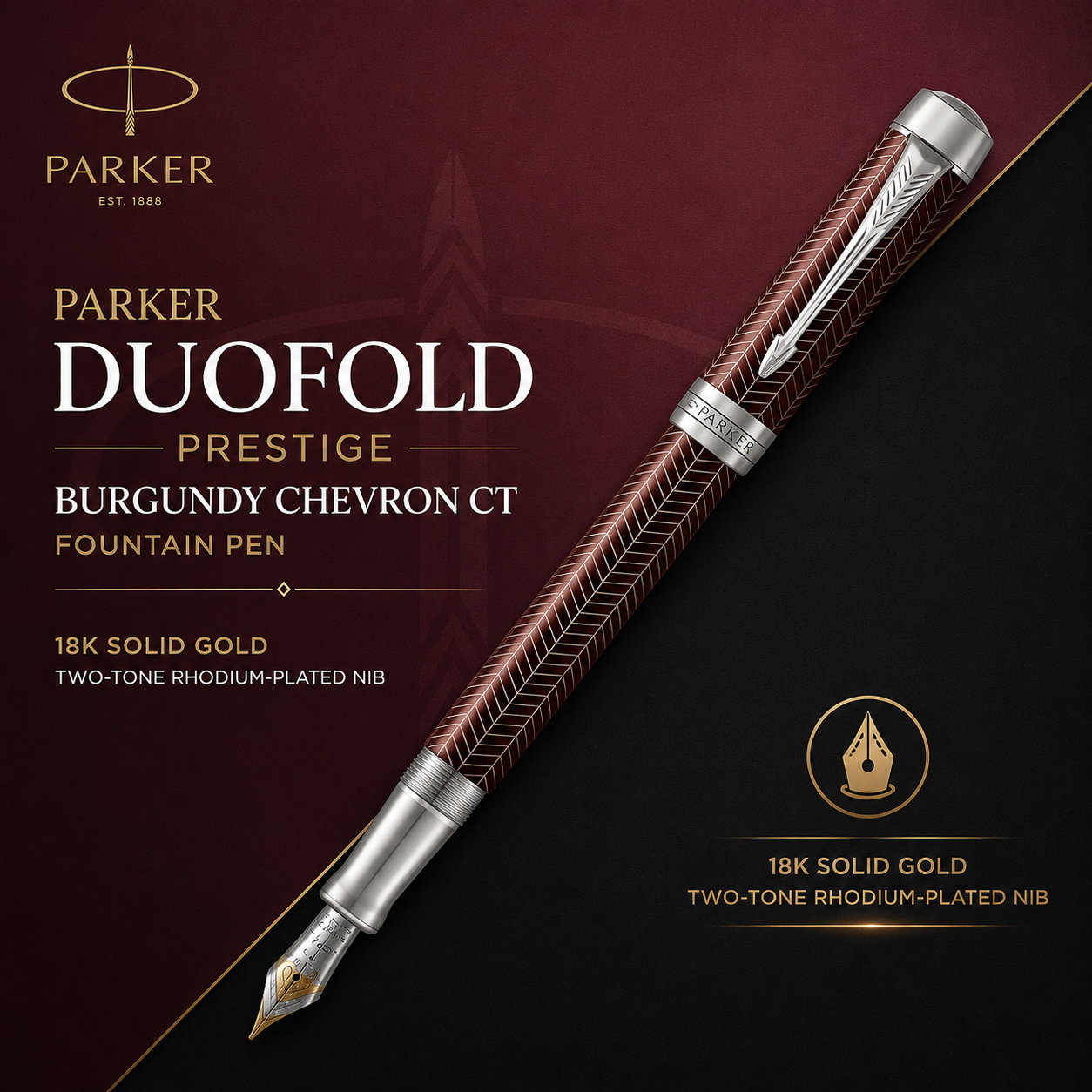 Parker Duofold Prestige Burgundy Chevron CT Fountain Pen – 18K Solid Gold Two-Tone Rhodium-Plated Nib