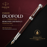 Parker Duofold Prestige Burgundy Chevron CT Fountain Pen – 18K Solid Gold Two-Tone Rhodium-Plated Nib