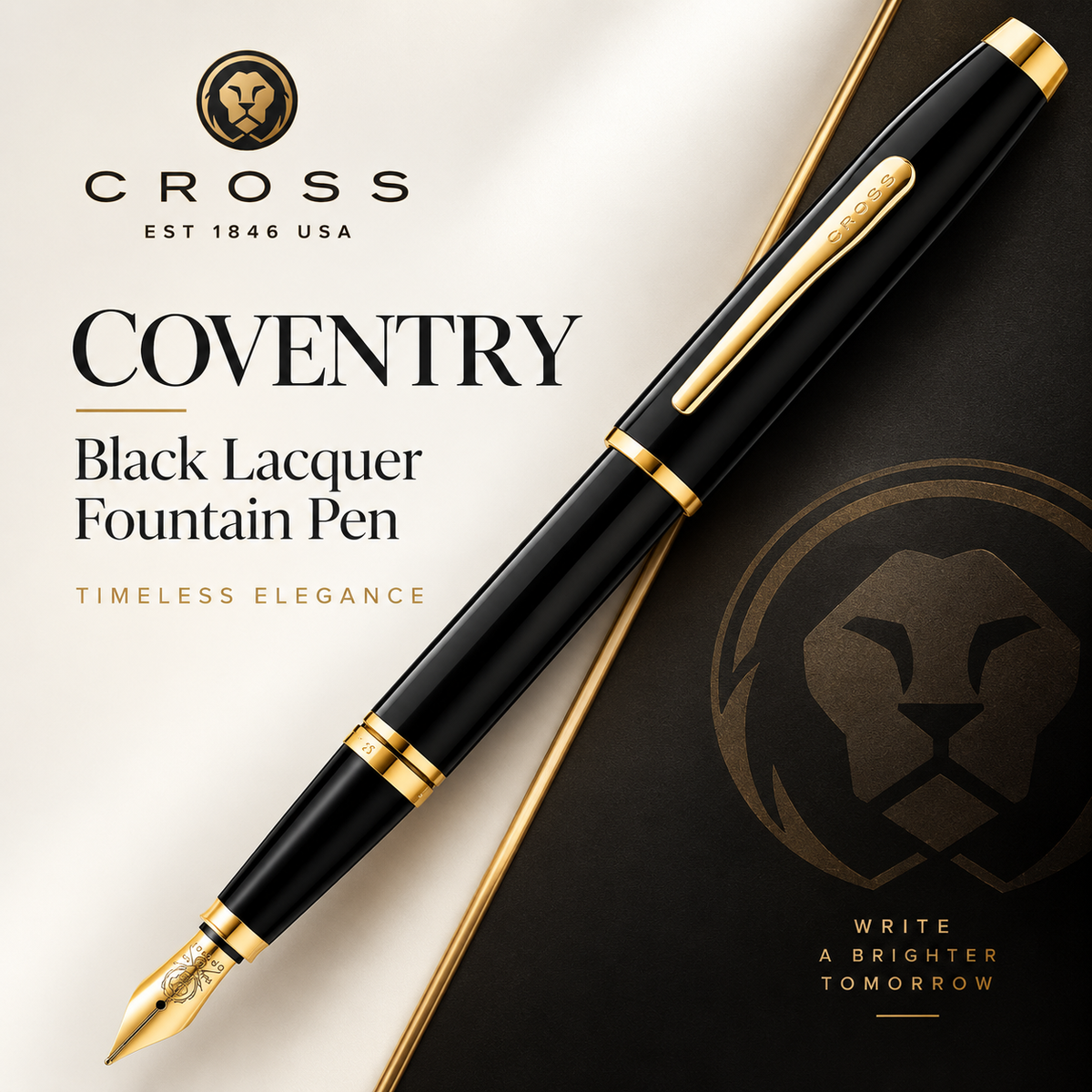 Cross Coventry Fountain Pen – Black Lacquer with Gold Trim, Fine Nib | AT0666-11