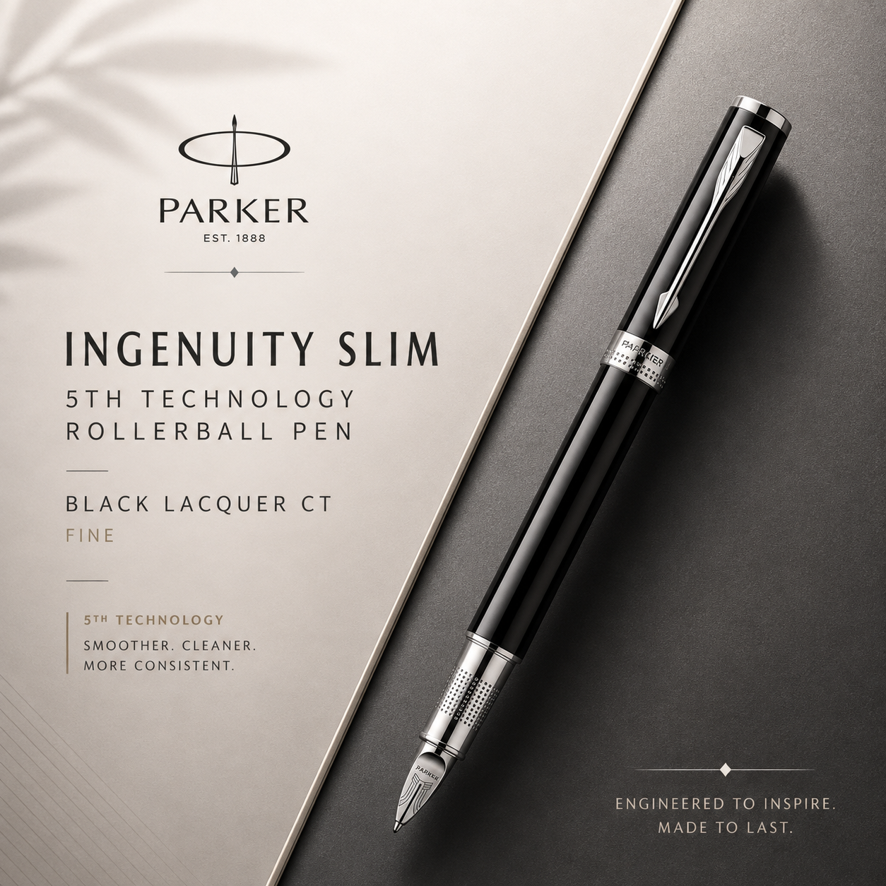 Parker Ingenuity Slim 5th Technology Rollerball Pen | Black Lacquer CT, Fine