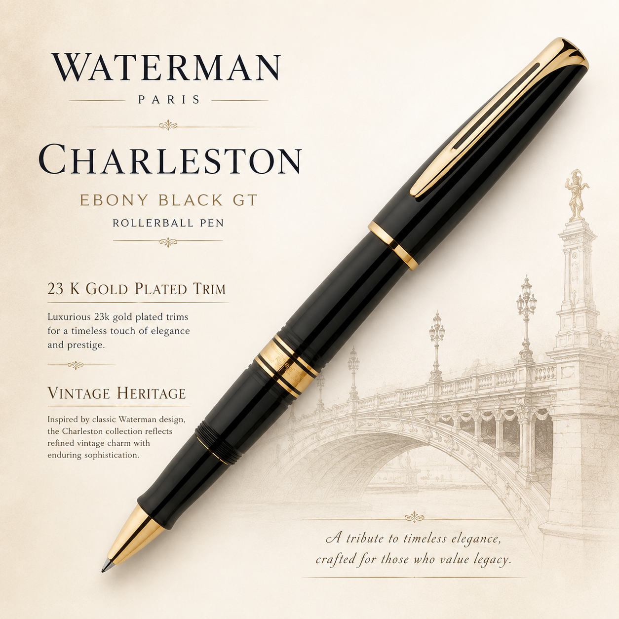 Waterman Charleston Ebony Black GT Rollerball Pen