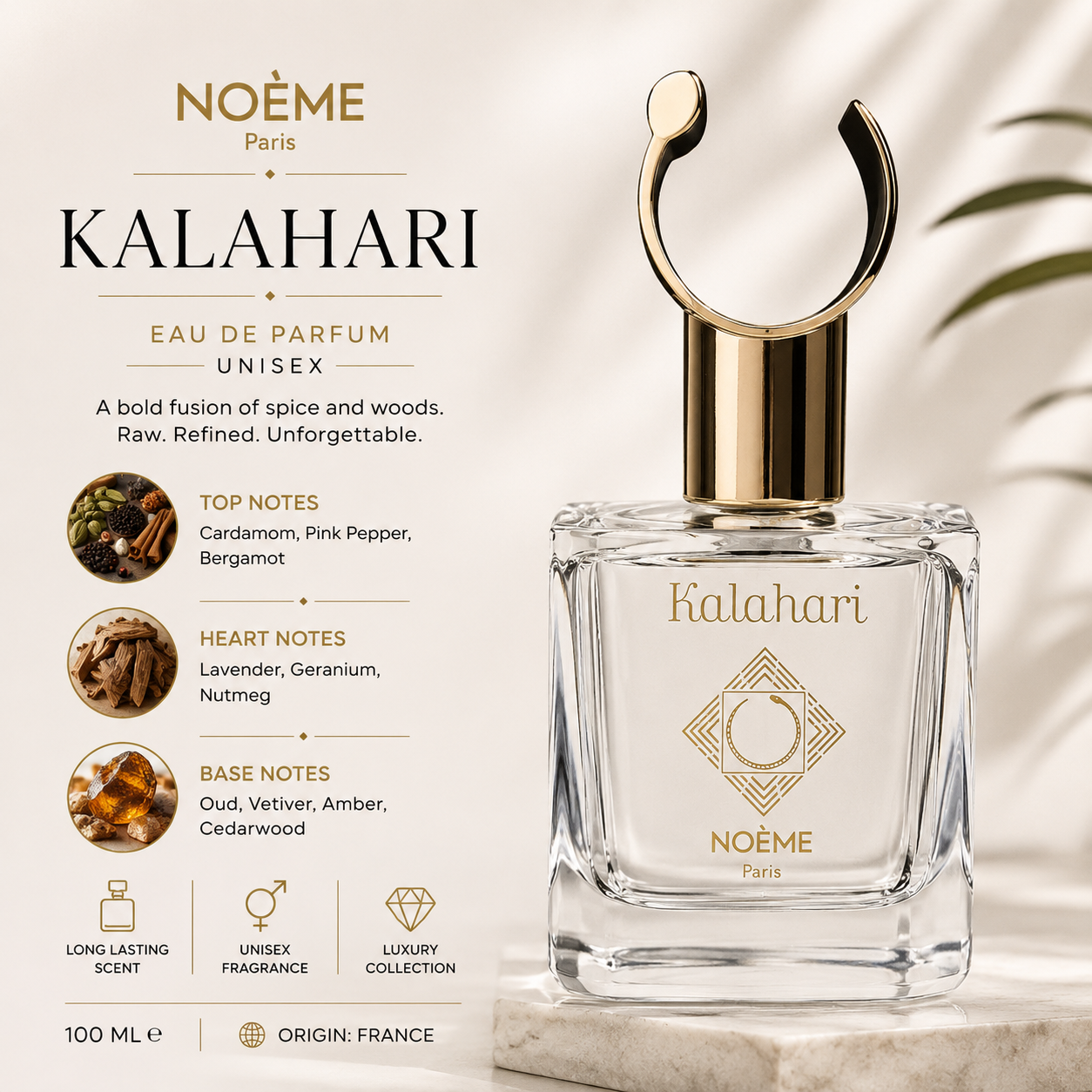 Noème Paris Kalahari – Eau de Parfum 100ml | Unisex Spicy-Woody Luxury Fragrance