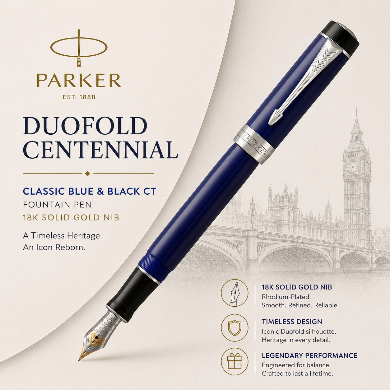 Parker Duofold Centennial Classic Blue & Black CT Fountain Pen – 18K Solid Gold Rhodium-Plated Nib