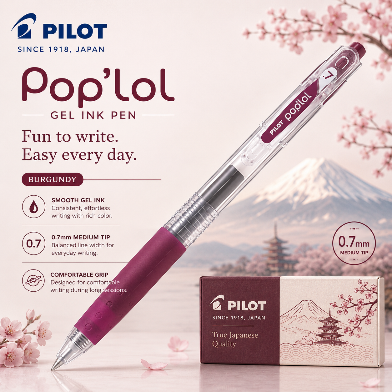 Pilot Pop'lol Gel Ink Rollerball Pen – Burgundy | Retractable | Smooth Gel Ink