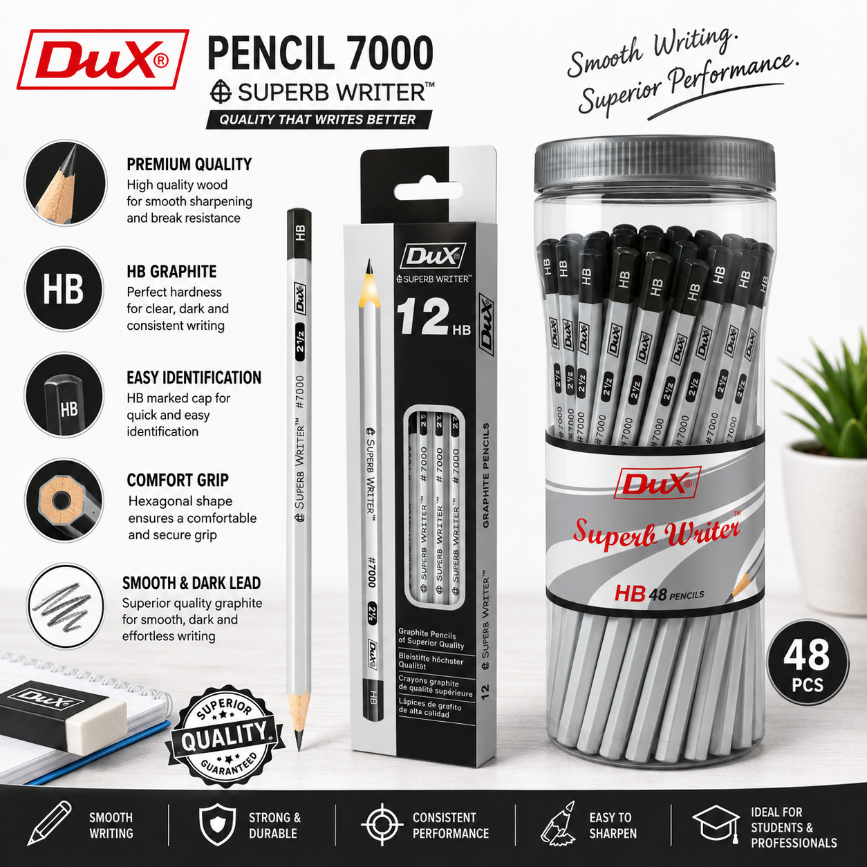 DUX Pencil 7000 Superb Writer – 12 Pcs Pack & 48 Pcs Jar