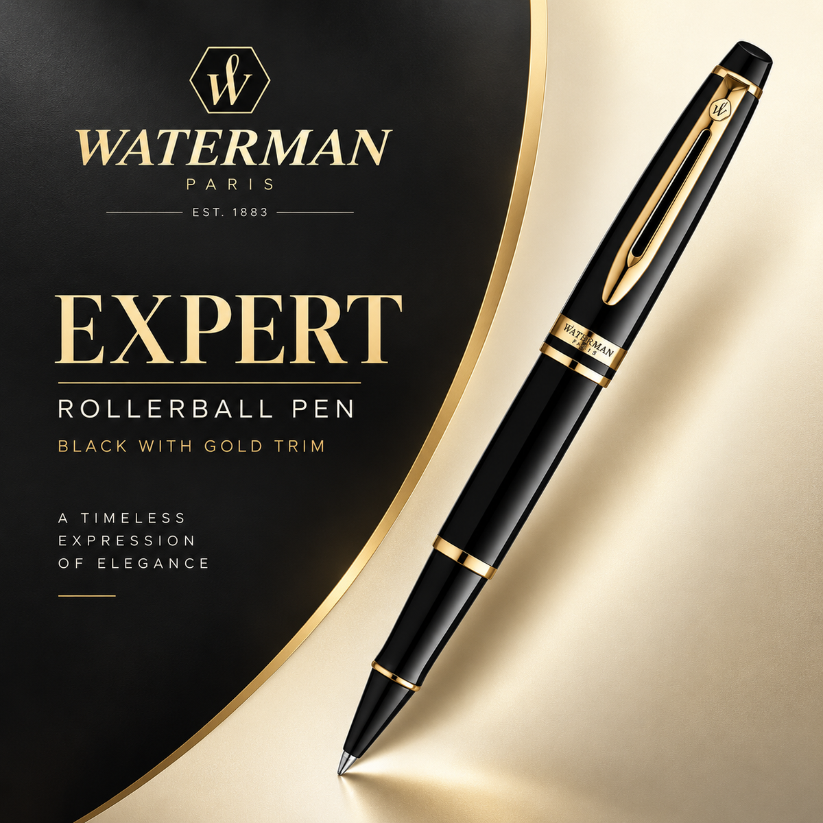 Waterman Expert Rollerball Pen – Black with Gold Trim