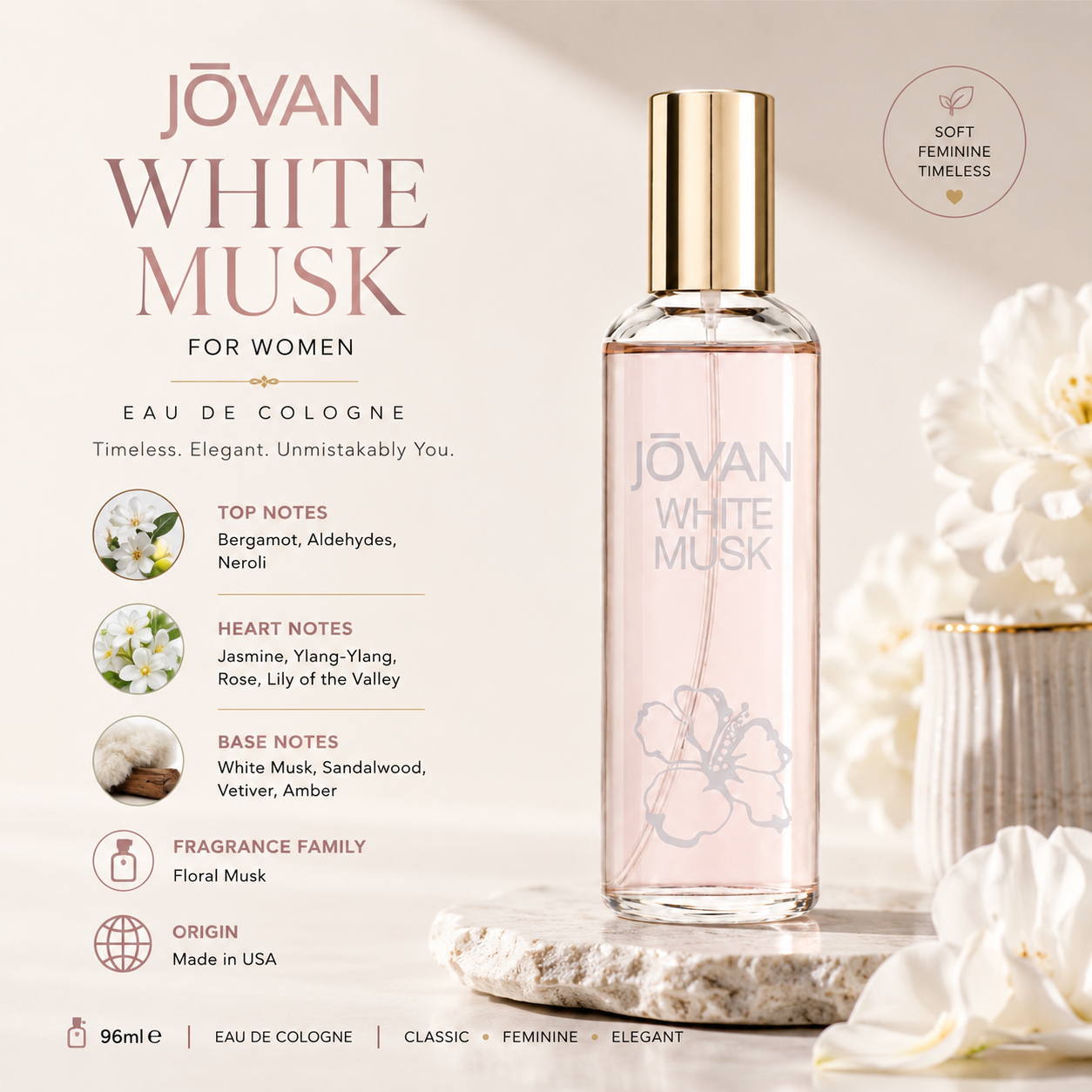 Jovan White Musk for Women Eau de Cologne 96ml | Iconic Floral Musk Fragrance