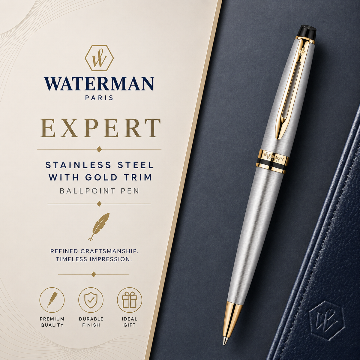 Waterman Expert Ballpoint Pen – Stainless Steel with Gold Trim