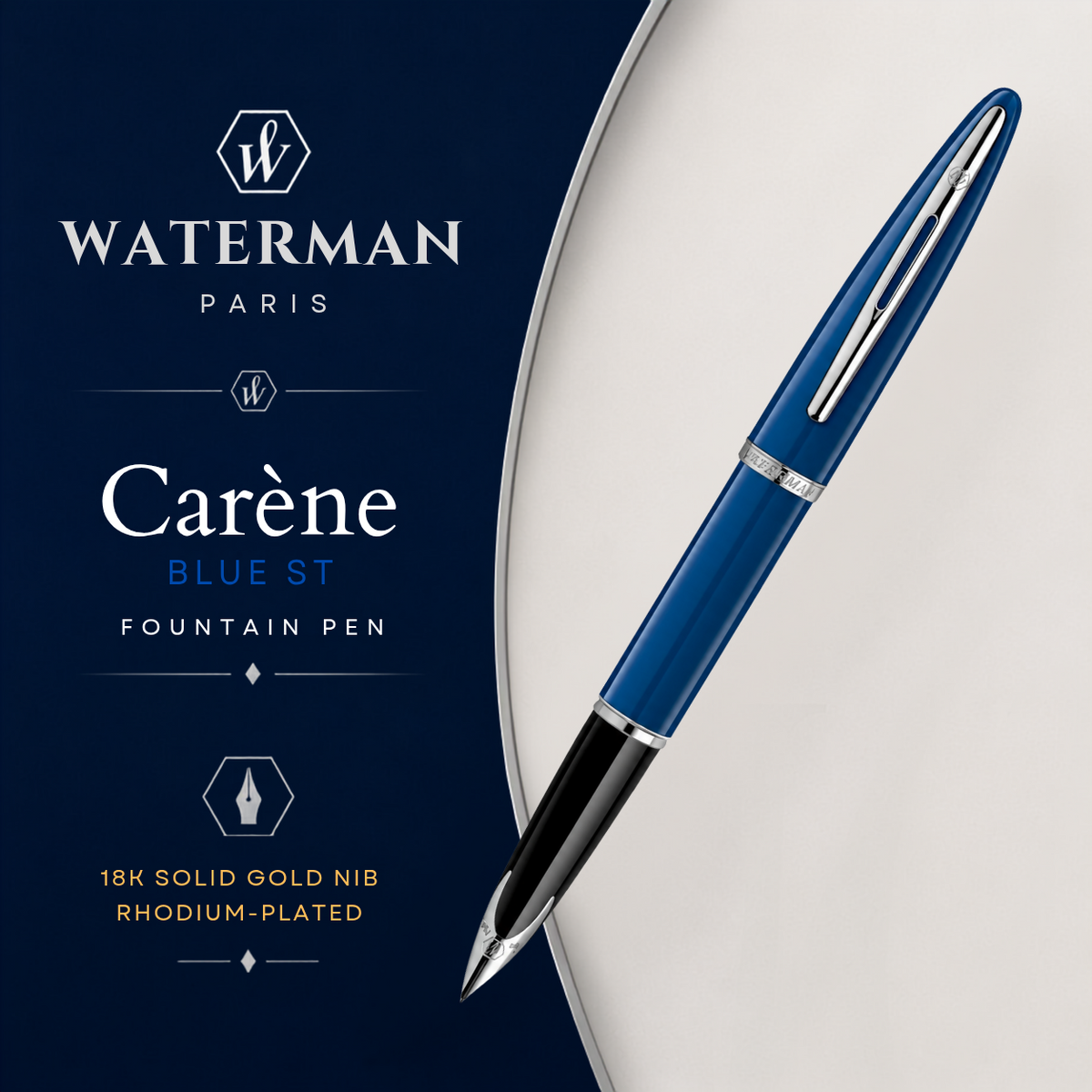 Waterman Carène Fountain Pen – Blue with Stainless Steel Trim (18K Gold Nib)