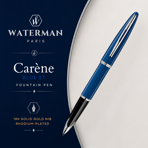 Waterman Carène Fountain Pen – Blue with Stainless Steel Trim (18K Gold Nib)