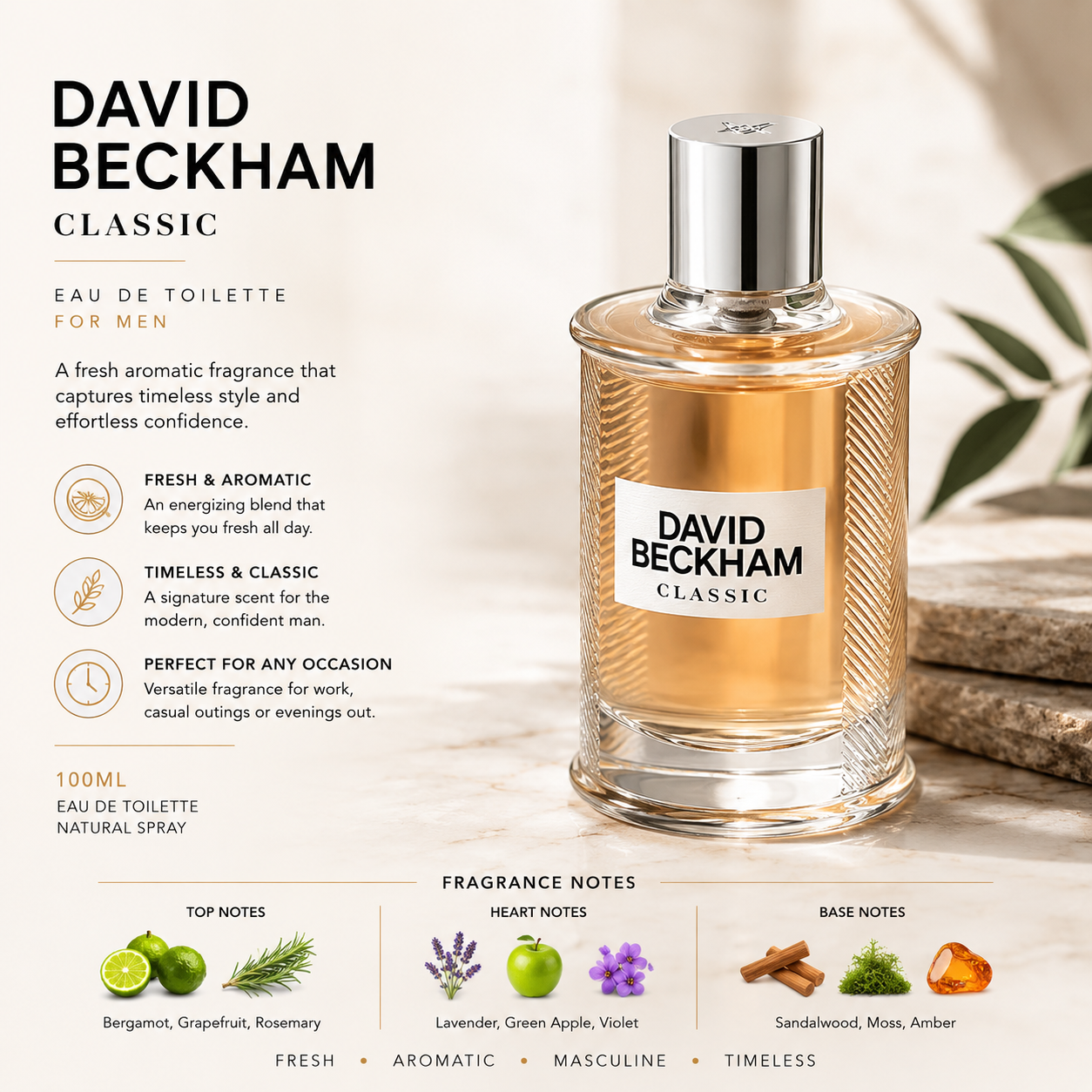 David Beckham Classic EDT for Men – 100ml | Fresh Aromatic Fragrance