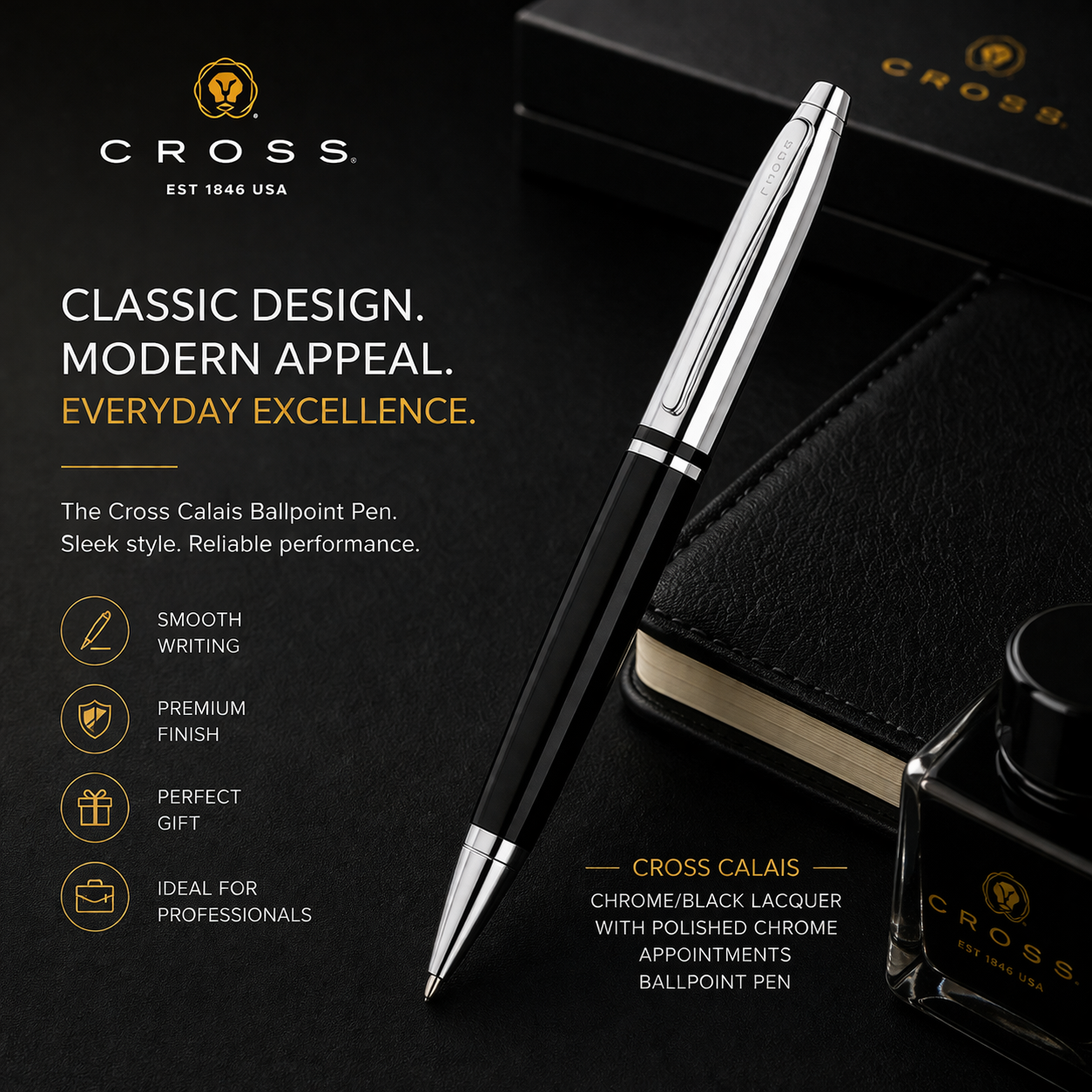 Cross Calais Ballpoint Pen – Black Lacquer & Polished Chrome
