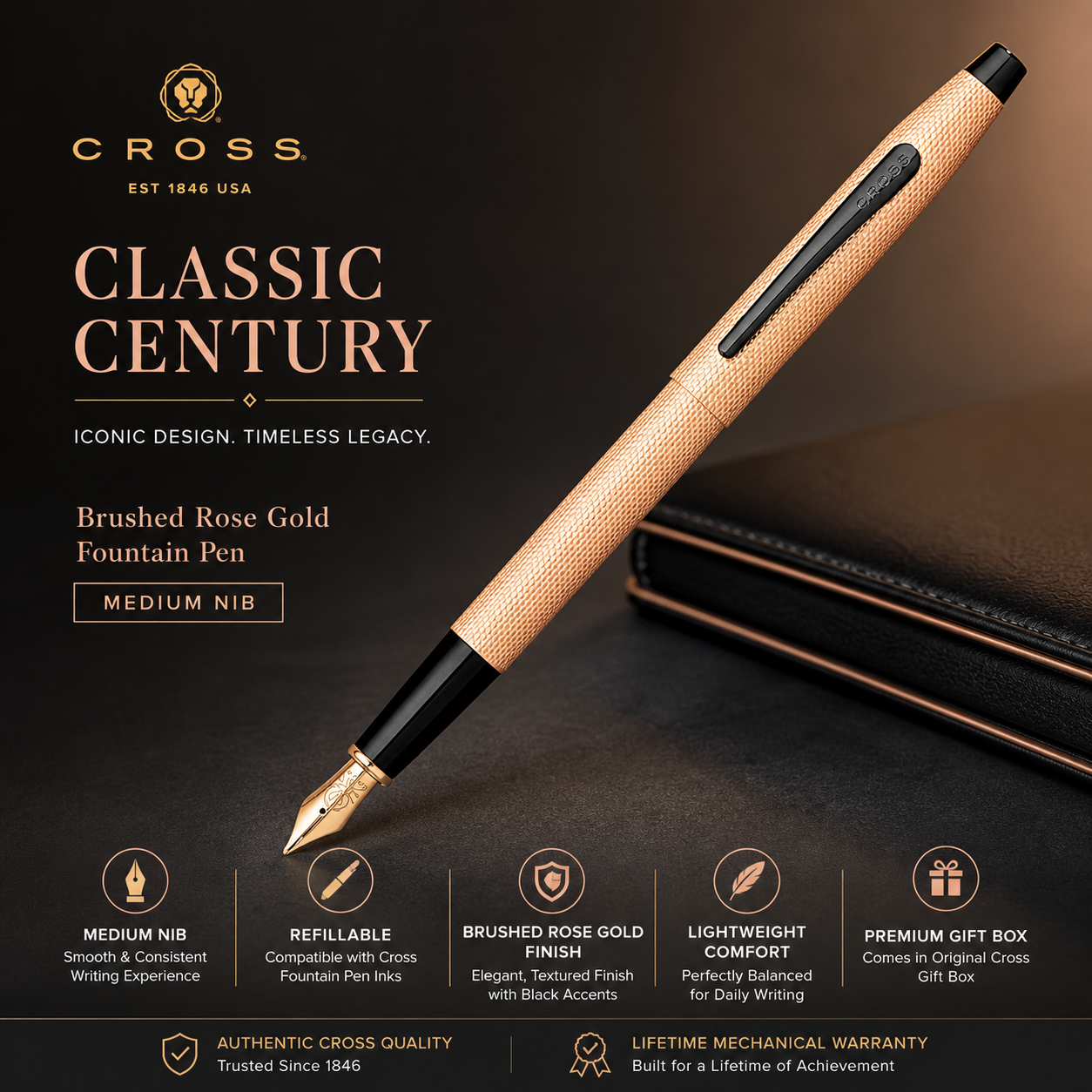 Cross Classic Century Refillable Fountain Pen Medium Nib Brushed Rose Gold