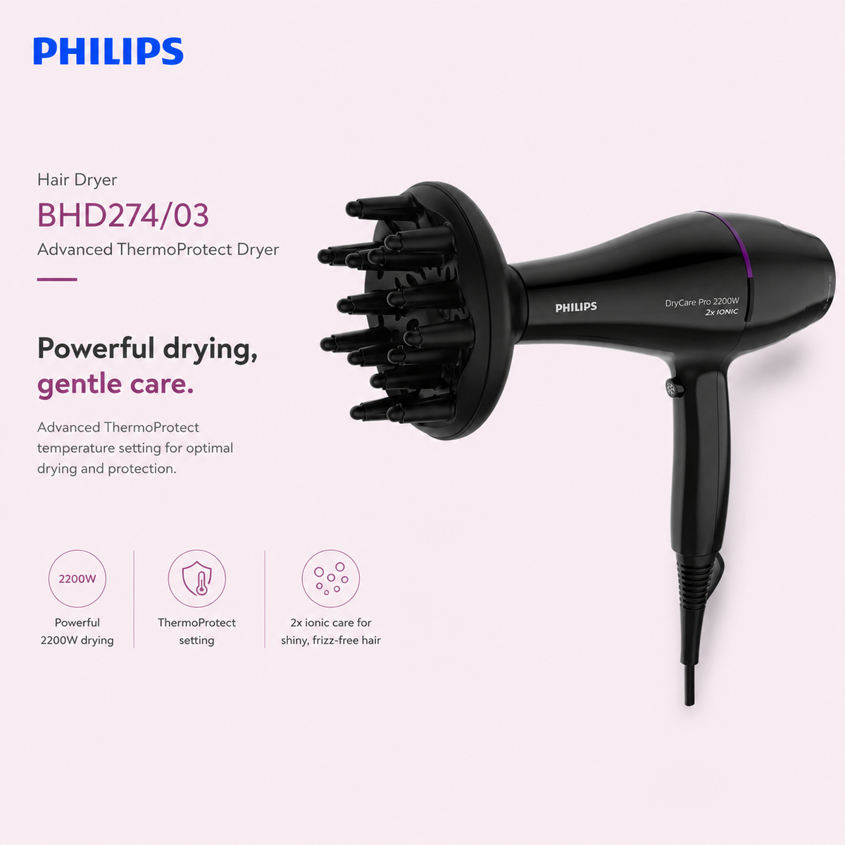 Philips Hair Dryer BHD274/03 – Advanced ThermoProtect Dryer