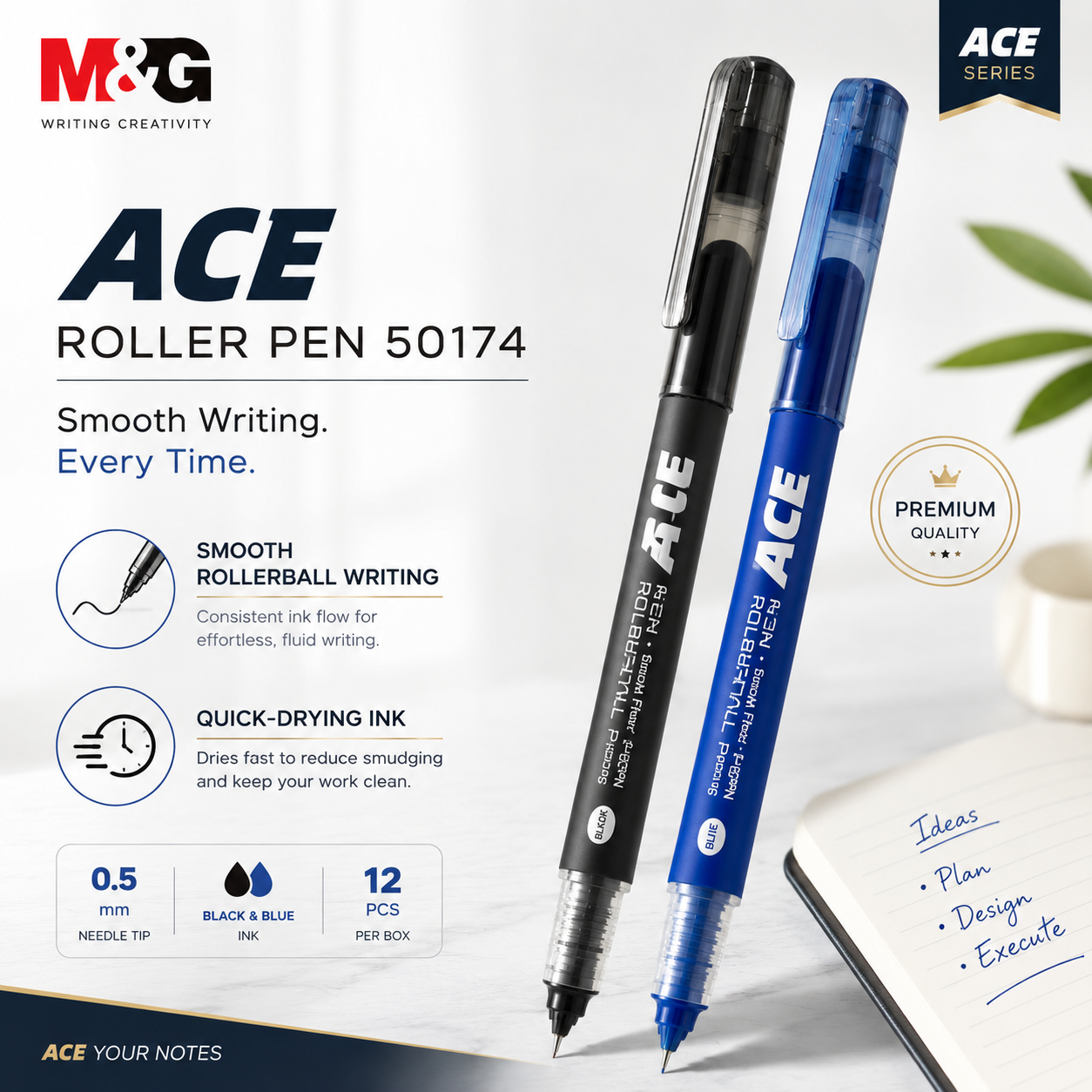 M&G ACE Rollerball Pen 50174 – 0.5mm Fine Point (Blue / Black)