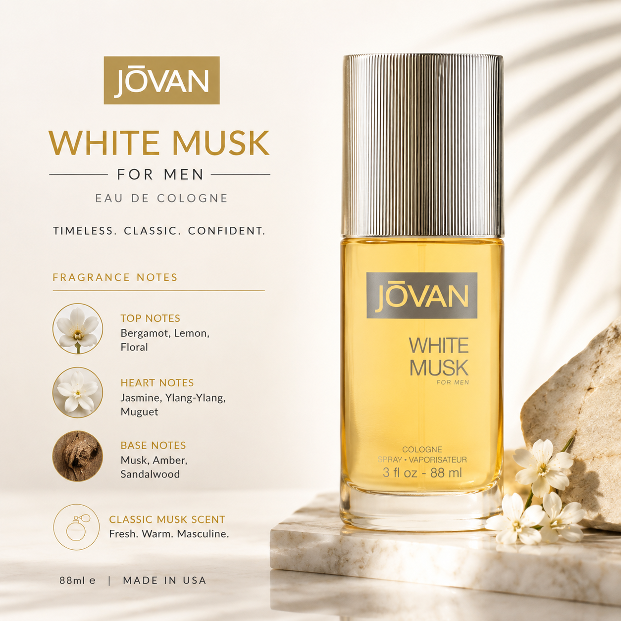 Jovan White Musk for Men Eau de Cologne 88ml | Timeless Citrus Musk Fragrance