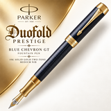 Parker Duofold Prestige Blue Chevron GT Fountain Pen – 18K Solid Gold Two-Tone Medium Nib