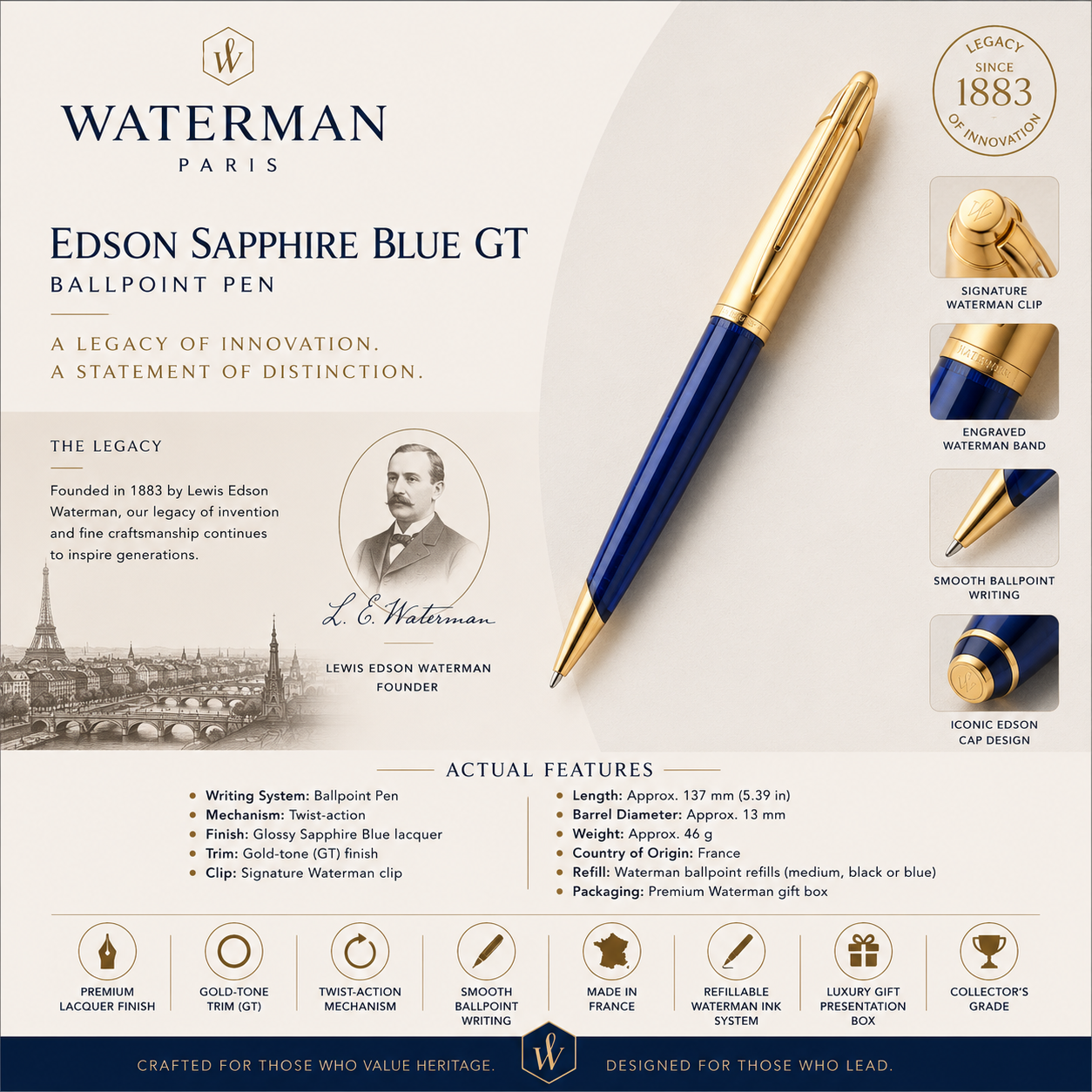 Waterman Edson Sapphire Blue GT Ballpoint Pen - Refurbished