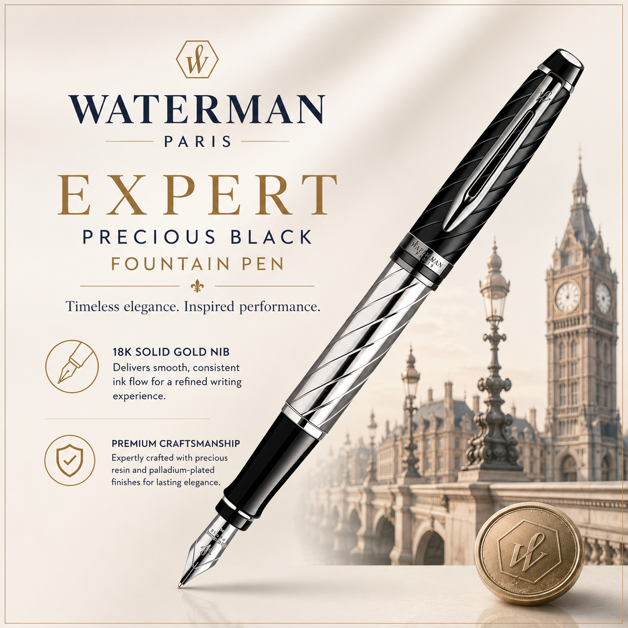 Waterman Expert Precious Black Fountain Pen – Premium Writing Instrument