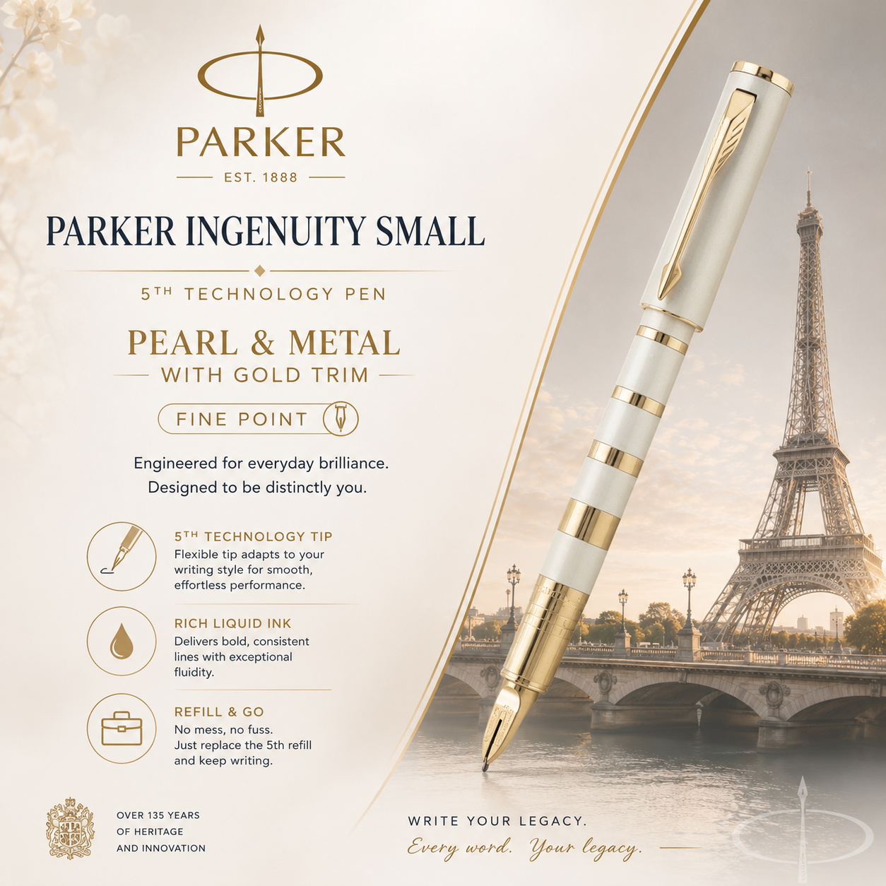 Parker Ingenuity Slim 5th Technology Rollerball Pen | Pearl & Metal GT, Fine