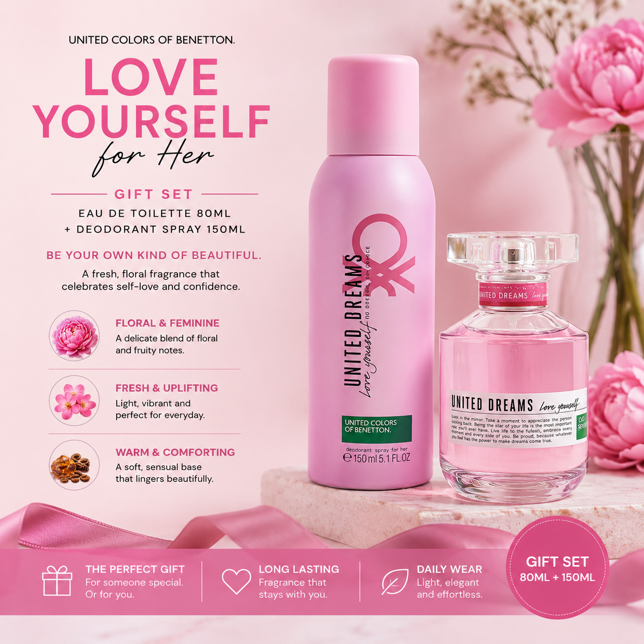 Benetton Love Yourself for Her – Gift Set (EDT 80ml + Deodorant 150ml)